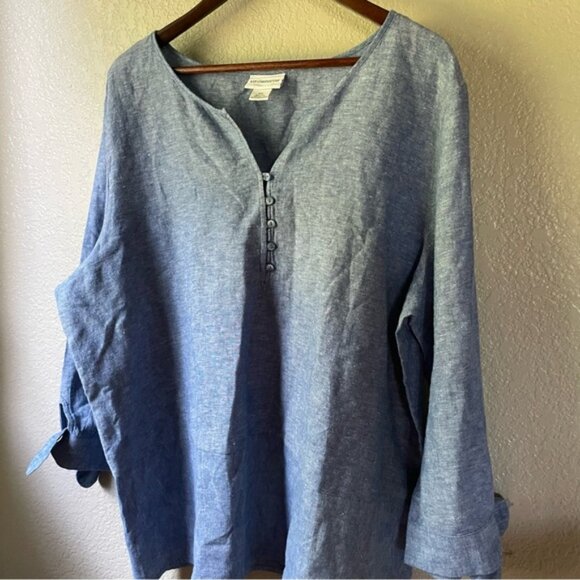 Liz Claiborne Womens XXL 2XL Linen Blend Chambray Tunic 3/4 Tie Sleeve Blouse - Picture 4 of 9